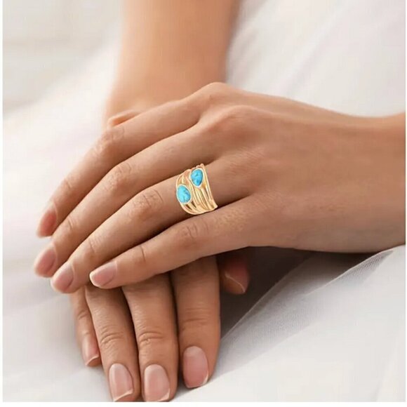 18K Gold-Plated Synthetic Turquoise Ring, Wide Crossed Design, size 7 - Picture 2 of 7